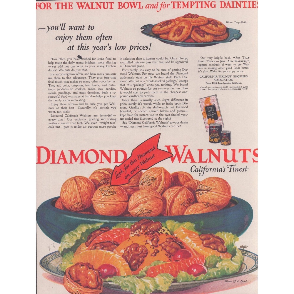 Vintage 1928 Diamond California Walnuts Print Ad Retro Food Kitchen Wall Art